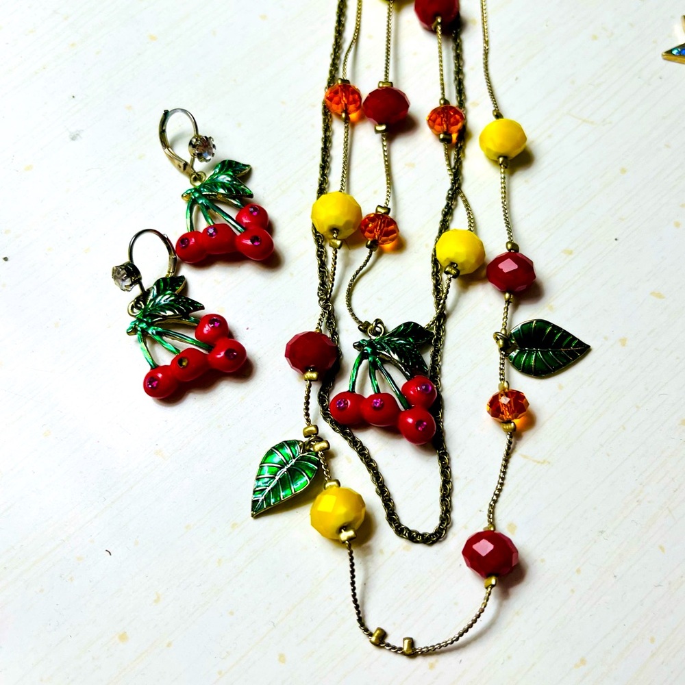 Betsey Johnson Cherry Necklace AND Cherry Earrings